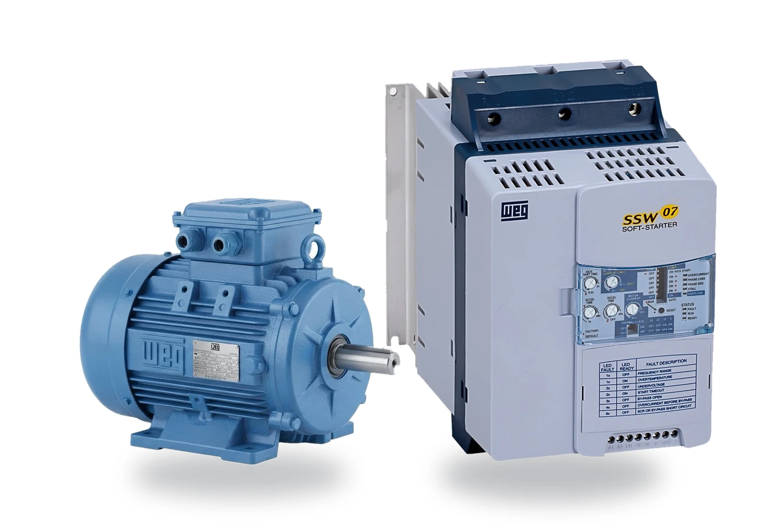 Motor eléctrico trifásico WEG y arrancador suave WEG SSW